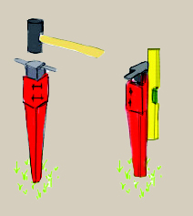 A hand-drawn schematic of a spike fixing, demonstrating that the fixings should ideally be placed using a sledgehammer and a spirit level