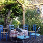 An outdoor table and chair set, set with a light lunch, underneath a leafy pergola