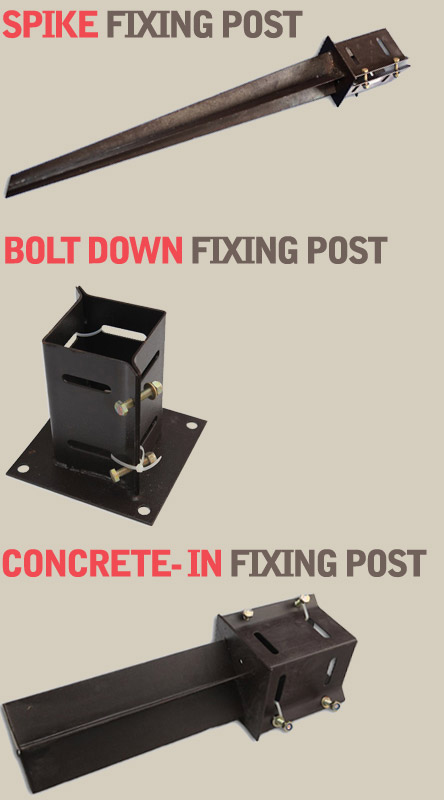Photographs of fixing examples; a long, sharp spike fixing, a bolt down fixing and a concrete fixing, all with square mounts for accepting a pergola post
