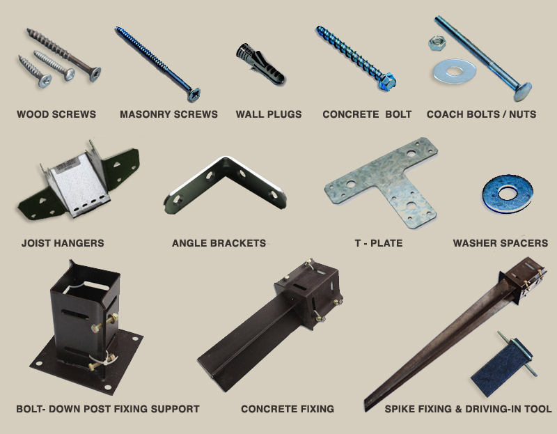 A photographic list of the parts which comes with a pergola for construction purposes; wood screws, masonry screws, wall plugs, concrete bolt, coach bolts/nuts, joist hangers, angle brackets, T-plate, washer spacers, and an option of bolt-down fixings, concrete fixings, or spike fixings with a driving-in tool