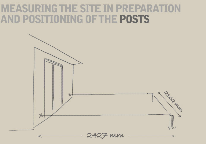 A diagram demonstrating the footprint area required for installing a pergola against a wall; It shows an example of a 2427mm x 2162mm