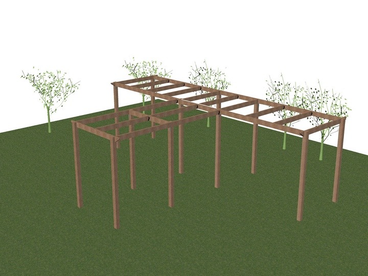 A 3D CAD drawing of a bespoke pergola plan